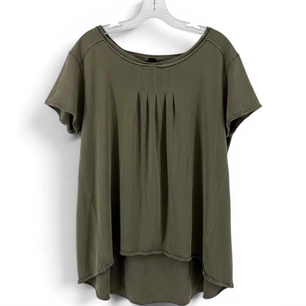 We The Free Free People Olive Green Pleated High-Low Raw Edge Cotton Top Small